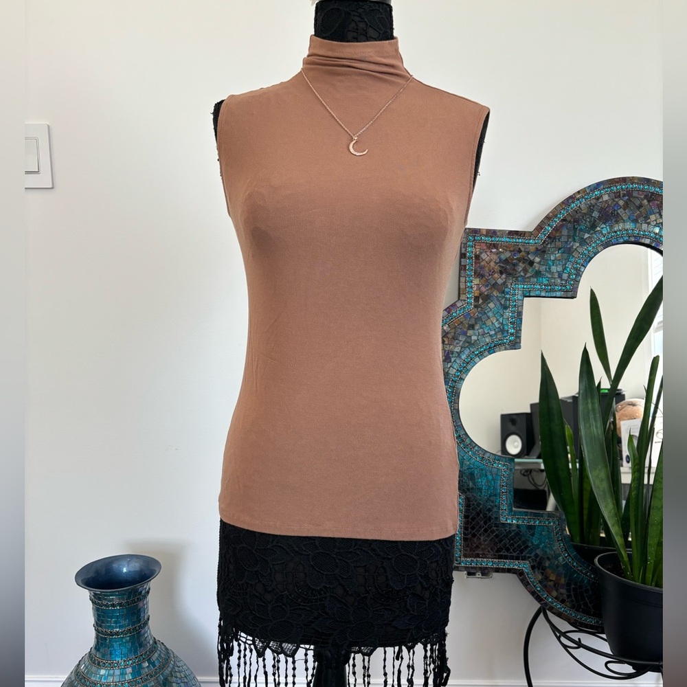 Beige Sleeveless Mock Turtleneck- Fitted